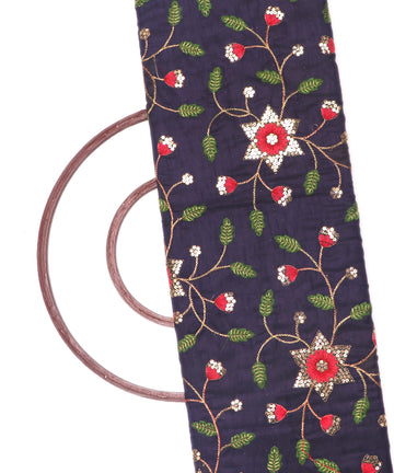 Blue Colour Sequin Floral Pattern Embroidery Raw Silk Fabric ( 1 Meter )